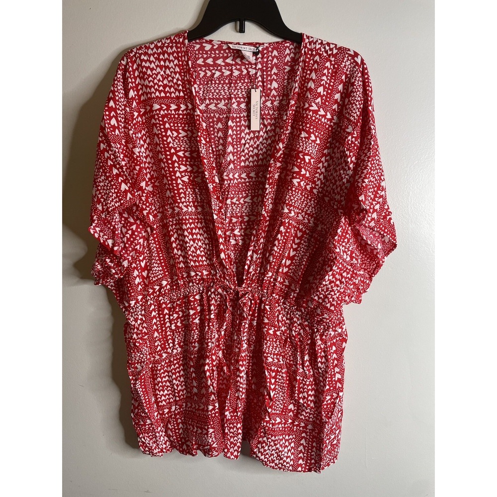 Victoria's Secret Red White Heart Print Tie-Front Kimono Robe One Size